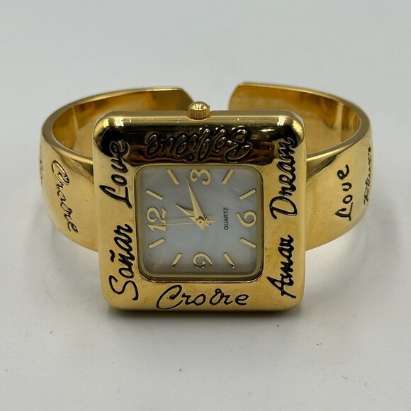 3/$30 Cuff Band Watch Gold Tone Square Case Inspirational Words Quartz - Picture 3 of 10